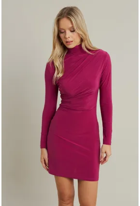 Kadın Fuşya Büzgülü Dik Yaka Mini Elbise ELT3138-90