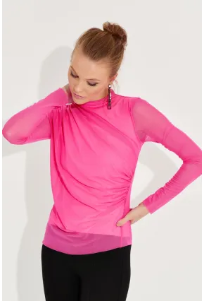 Kadın Fuşya Büzgülü Drapeli Tül Bluz LPP1244