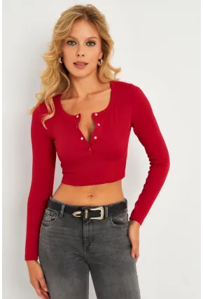 Kadın Fuşya Çıtçıtlı Crop Bluz CG379