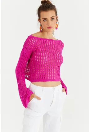 Kadın Fuşya İspanyol Kol Ajurlu Triko Kısa Bluz SMT181