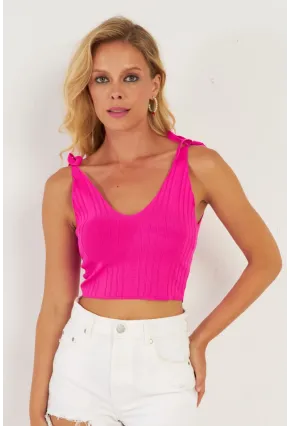 Kadın Fuşya Omuzları Bağlamalı Triko Bluz YV260