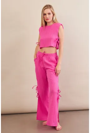 Kadın Fuşya Omuzları Vatkalı Bağlama Detaylı Alt Üst Takım KED002