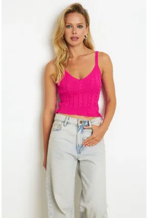 Kadın Fuşya Örgülü V Yaka Triko Bluz KAZ05