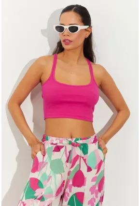 Kadın Fuşya Sırtı Halkalı Kaşkorse Crop Bluz B2552