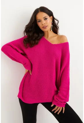 Kadın Fuşya V Yaka Salaş Oversize Triko Tunik SMT158