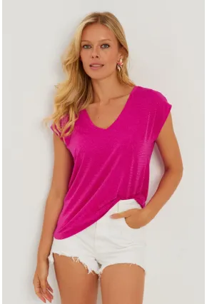 Kadın Fuşya V Yaka Simli Bluz RX436