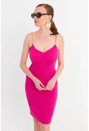 Kadın Fuşya Zincir Askılı Kaşkorse Midi Elbise UR204