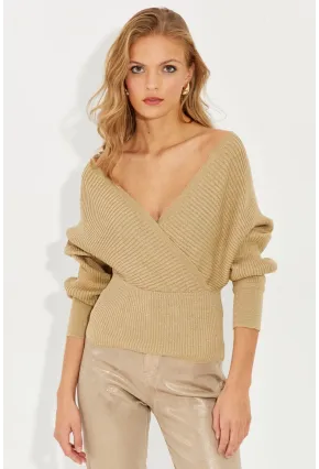 Kadın Gold Rengi Kruvaze Simli Kazak KED125