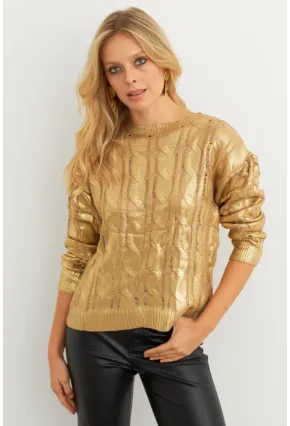 Kadın Gold Rengi Saç Örgülü Vatkalı Triko Bluz RM618