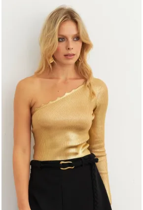 Kadın Gold Rengi Tek Omuz Merdiven Yaka Triko Bluz RM631