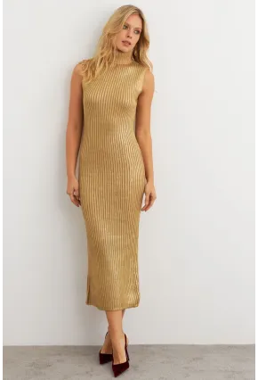 Kadın Gold Rengi Varaklı Balıkçı Maxi Elbise RM599