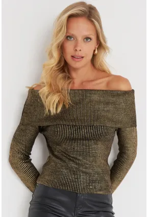 Kadın Gold Rengi Varaklı Madonna Triko Bluz SF2523