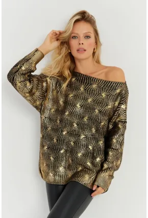 Kadın Gold Rengi Varaklı Triko Kazak SF2533