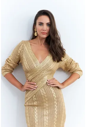 Kadın Gold Varaklı Saç Örgülü Midi Elbise RM05