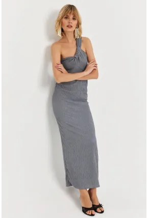 Kadın Gri Asimetrik Yaka Maxi Elbise NH25455