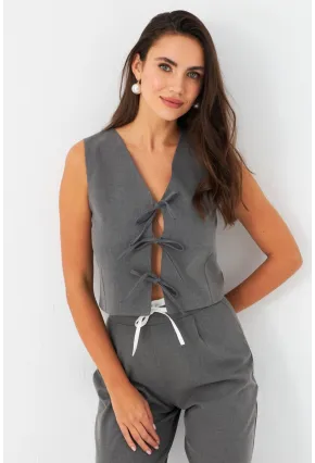 Kadın Gri Bağlama Detaylı Astarlı Yelek ELA6645