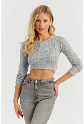 Kadın Gri Bel Bağlamalı Crop Kazak CY443
