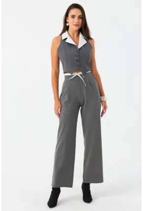 Kadın Gri Beli Bağlamalı Palazzo Pantolon ELA3972