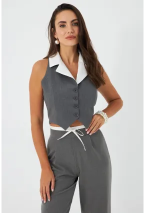 Kadın Gri-Beyaz Yaka Detaylı Astarlı Yelek ELA6823