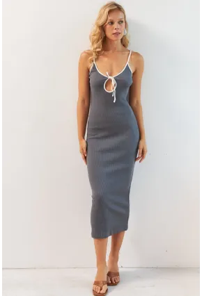 Kadın Gri Biyeli Kaşkorse Midi Elbise XL2024