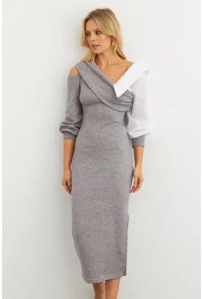 Kadın Gri Blok Kumaşlı Asimetrik Yaka Maxi Elbise KED4469