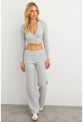 Kadın Gri Crop Üstlü İkili Pantolon Takım XL10052