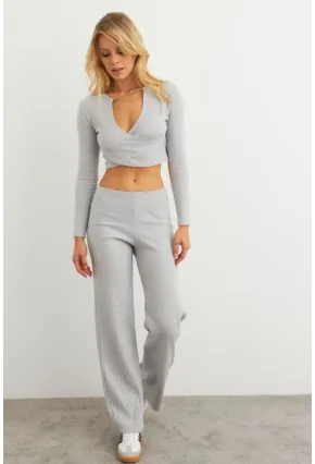 Kadın Gri Crop Üstlü İkili Pantolon Takım XL10052