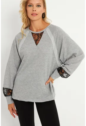 Kadın Gri Dantel Detaylı Sweatshirt EY2906
