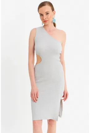 Kadın Gri Dekolteli Kaşkorse Midi Elbise OR2460
