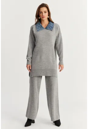 Kadın Gri Denim Yakalı İncili Alt Üst Triko Takım NUV22