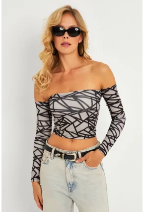 Kadın Gri Desenli Crop Bluz CG378