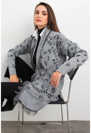 Kadın Gri Desenli Triko Hırka MVI14209