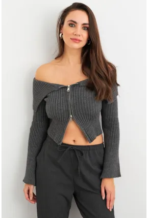 Kadın Gri Devrik Yaka Kısa Hırka TEM103