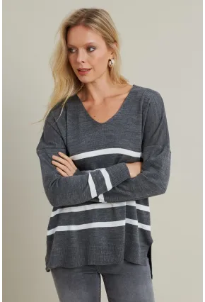 Kadın Gri-Ekru V Yaka Çizgili Triko Kazak MYİL550