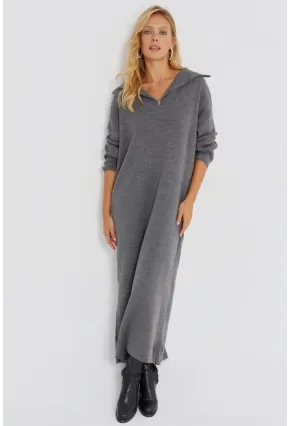 Kadın Gri Fermuarlı Triko Maxi Elbise SF2525