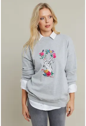 Kadın Gri-Fuşya Nakışlı Sweatshirt YLE20