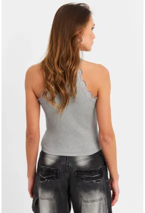 Kadın Gri Halter Yaka Dantelli Bluz MK04