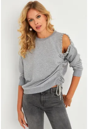 Kadın Gri İnci Detaylı Büzgülü Sweatshirt RLO04
