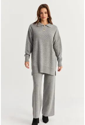 Kadın Gri İnci Düğmeli Triko Alt Üst Takım MNUV33