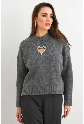 Kadın Gri Kalp Pencereli Kazak TEM101
