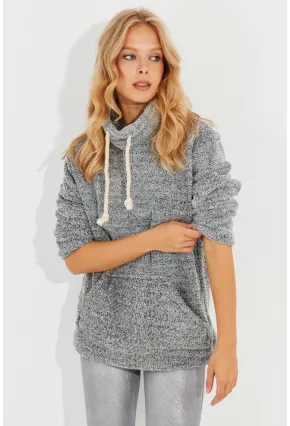 Kadın Gri Kanguru Cep Peluş Sweatshirt Q978