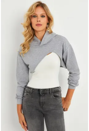Kadın Gri Kapüşonlu Crop Sweatshirt  TF03