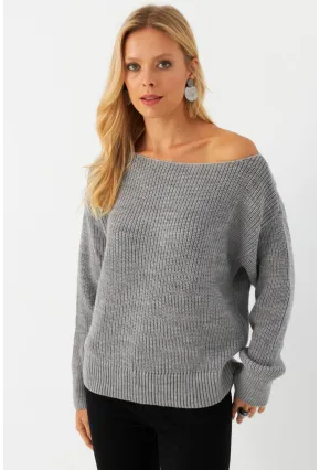 Kadın Gri Kayık Yaka Kazak AYD392