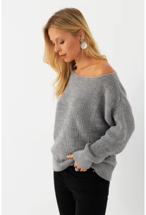 Kadın Gri Kayık Yaka Kazak AYD392