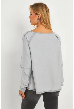 Kadın Gri Kayık Yaka Ters Dikişli Sweatshirt TF10