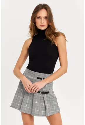 Kadın Gri Kemer Detaylı Ekose Şort Etek FS9473