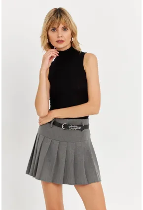 Kadın Gri Kemerli Pilili Mini Etek ELA6024