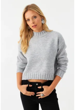 Kadın Gri Kısa Triko Kazak YV301
