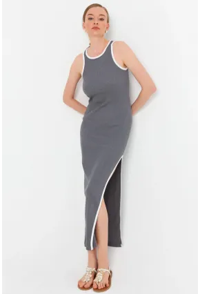 Kadın Gri Kontrast Biyeli Yırtmaçlı Maxi Elbise OR2087