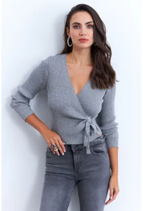 Kadın Gri Kruvaze Büzgülü Simli Bluz KED173